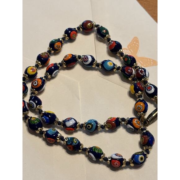 Vintage Italian Millefiori Necklace 17” Colorful Glass Beads Hand Knotted Choker - Picture 1 of 7